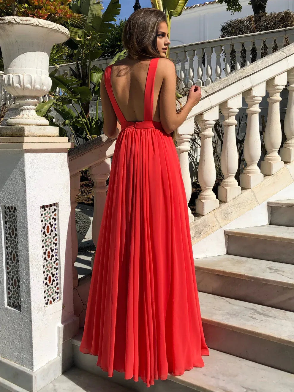 Weitese Dress Red A Line V Neck Floor Length Chiffon Backless Long Prom Formal Evening Dresses